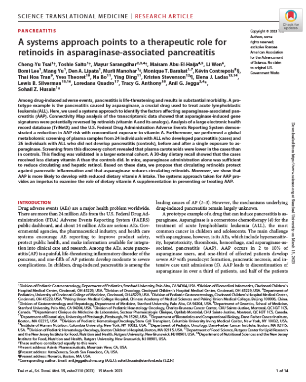 A systems approach points to a theraputic role for retinoids in asparaginase-associated pancreatitis
